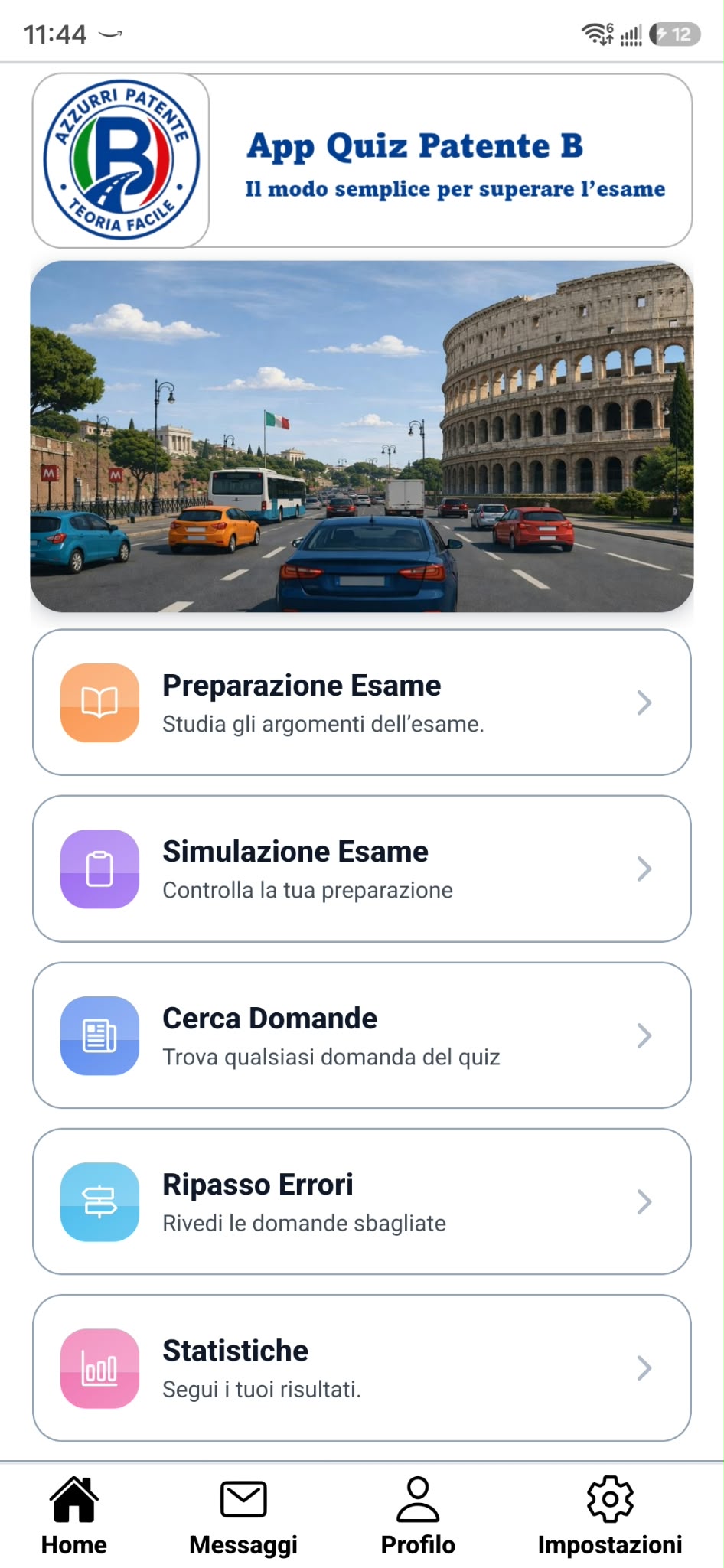 Schermata home dell'app Azzurri Patente